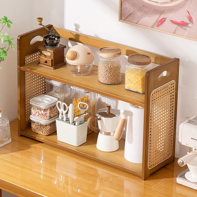 étagère cuisine moderne rattan noir boîte rangement transparent tasses motifs cafetière couteau pince fouet