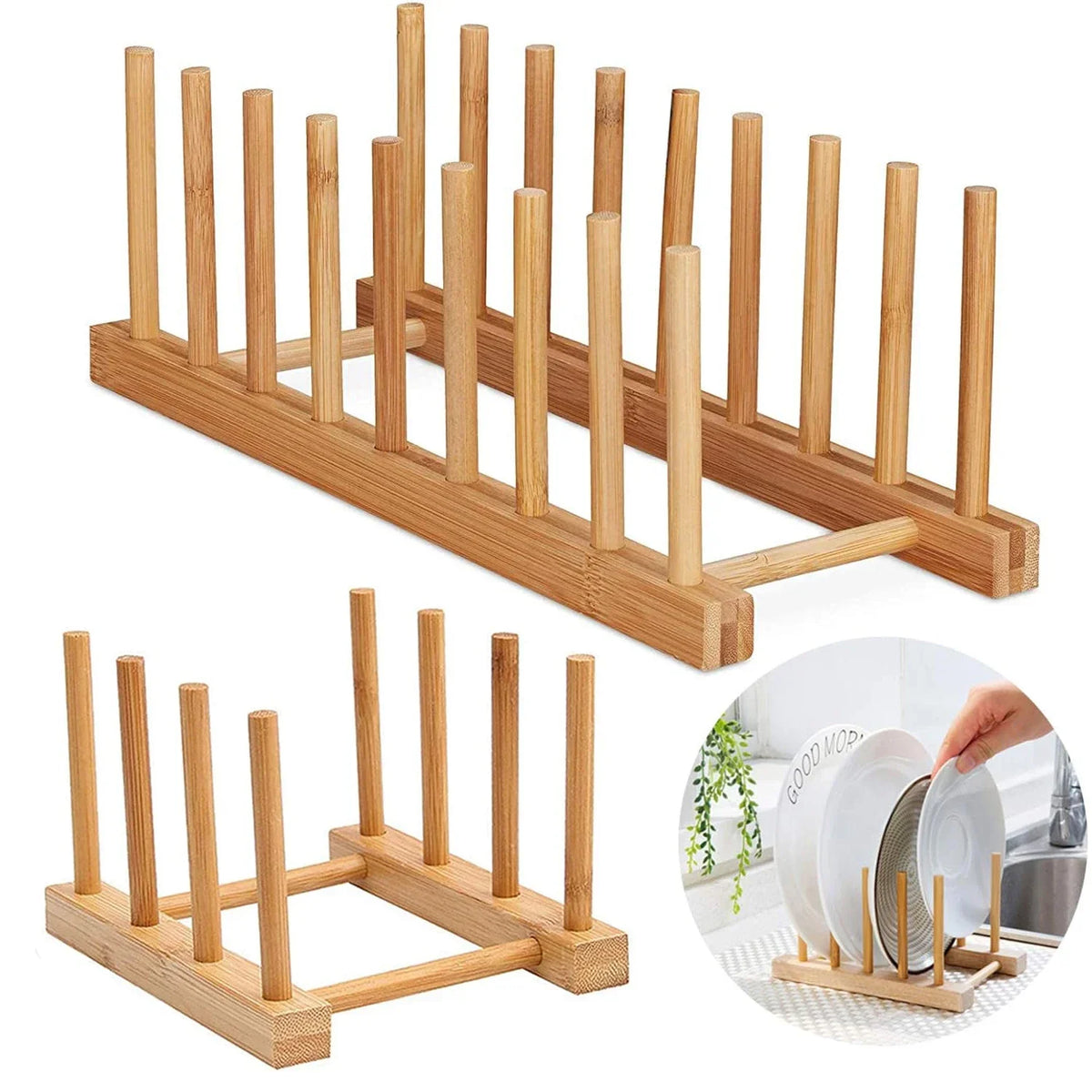 support vaisselle bambou stand couvercles séchoir assiettes organisateur cuisine moderne blanc gris