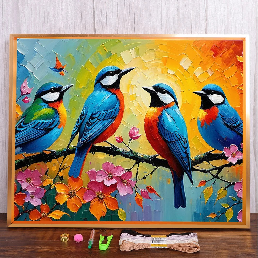 tableau broderie oiseaux colorés motifs fleurs moderne coton éco ruban guide