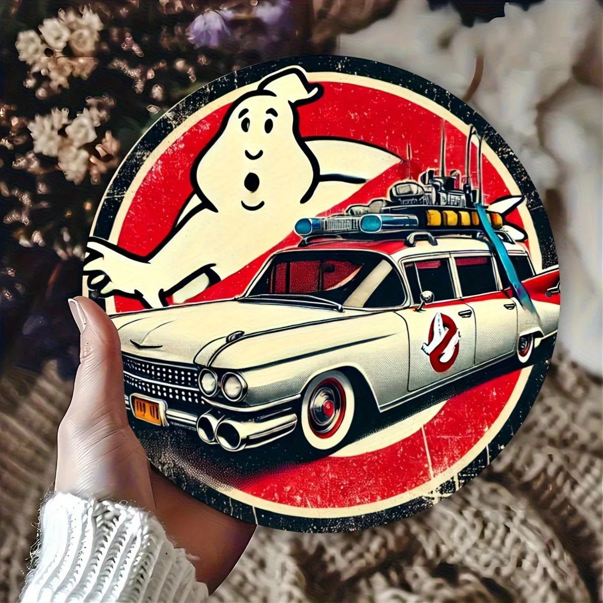 plaque décorative vintage fantôme voiture blanc rouge noir 20cm opacité mur illustration rétro