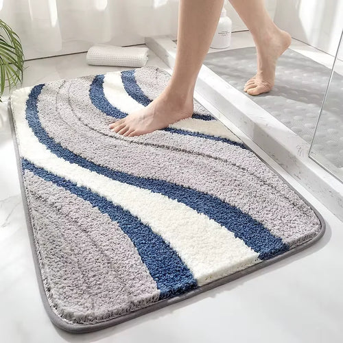 tapis bain doux moelleux rayures horizontales bleu marine gris blanc anti dérapant salle bain