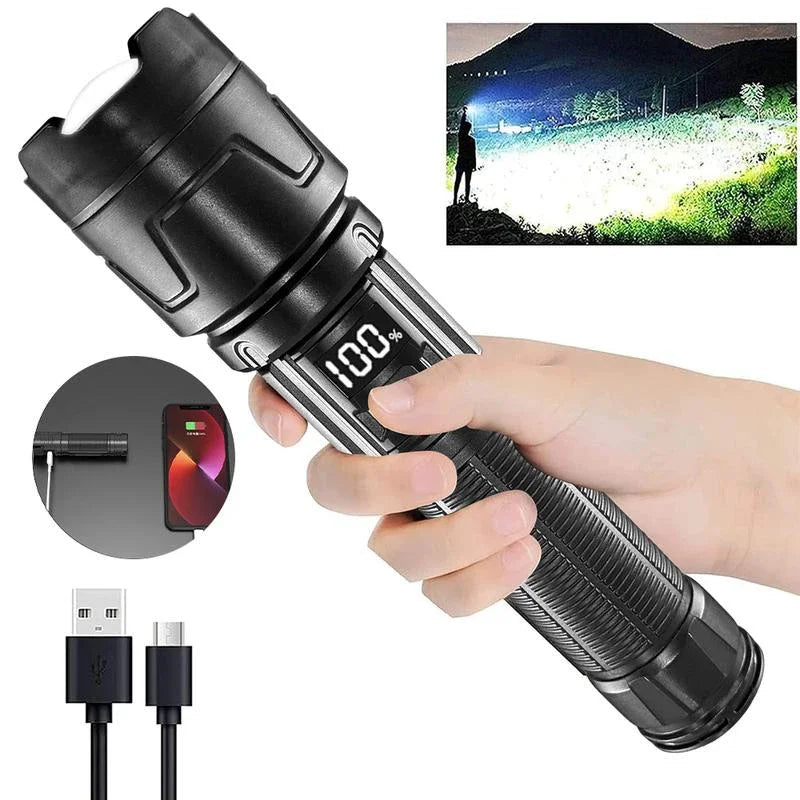 lampe torche led rechargeable usb affichage numerique etanche ipx8 longue durée camping noir texturé