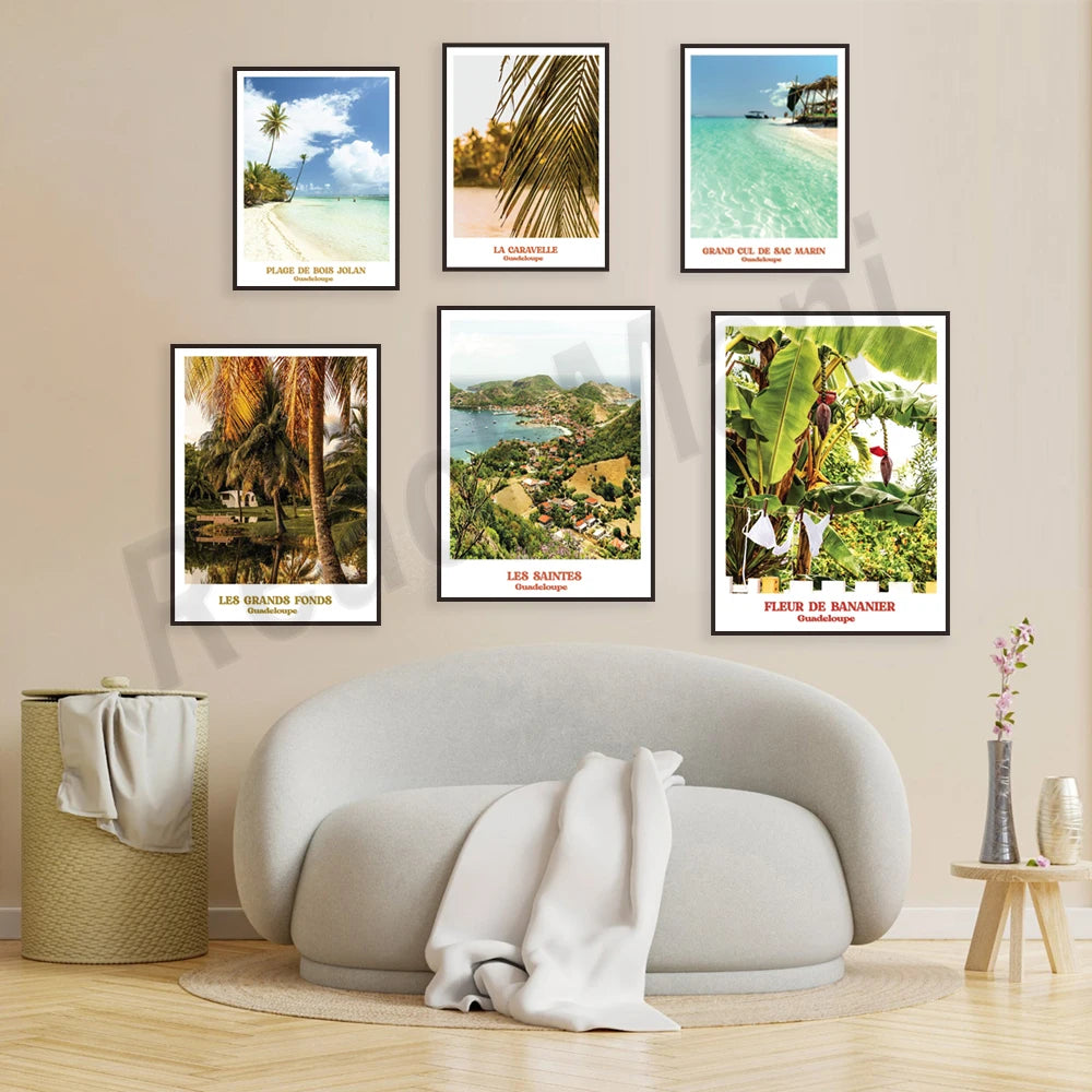 Affiches encadrées présentant les paysages, la végétation et les attraits touristiques de la Guadeloupe.
