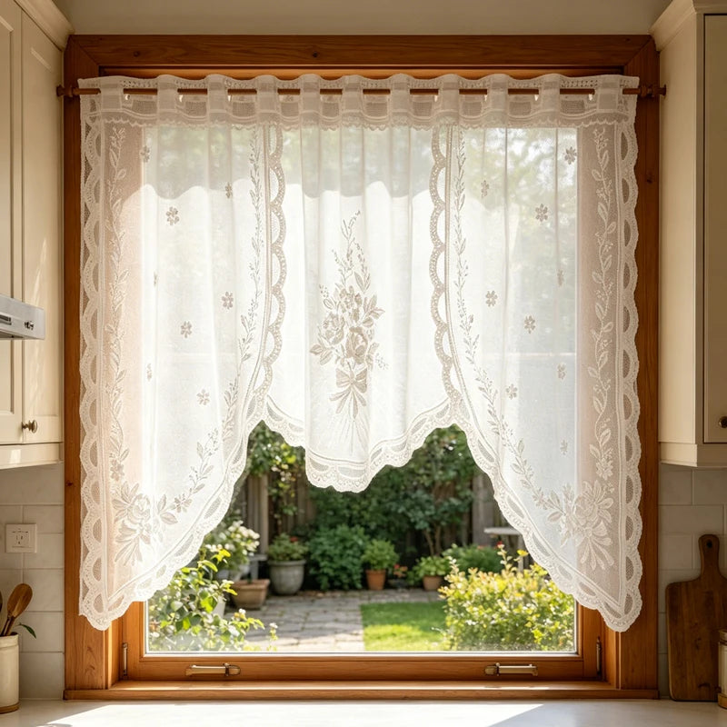 rideau blanc dentelle florale transparent salon rustique 170x227cm echangement tringle