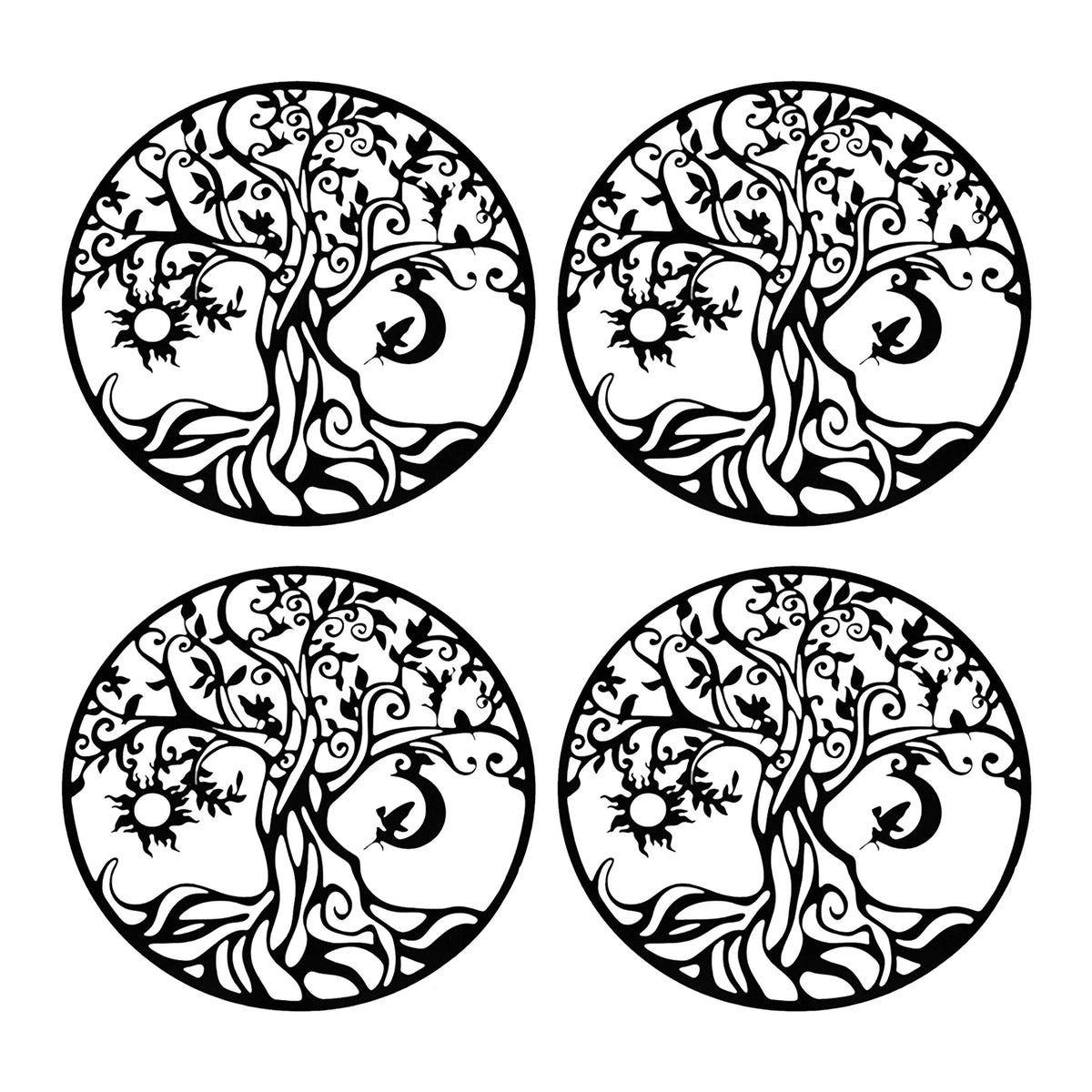 décoration murale résine noir blanc arbre soleil lune oiseau bohème 30cmx30cm