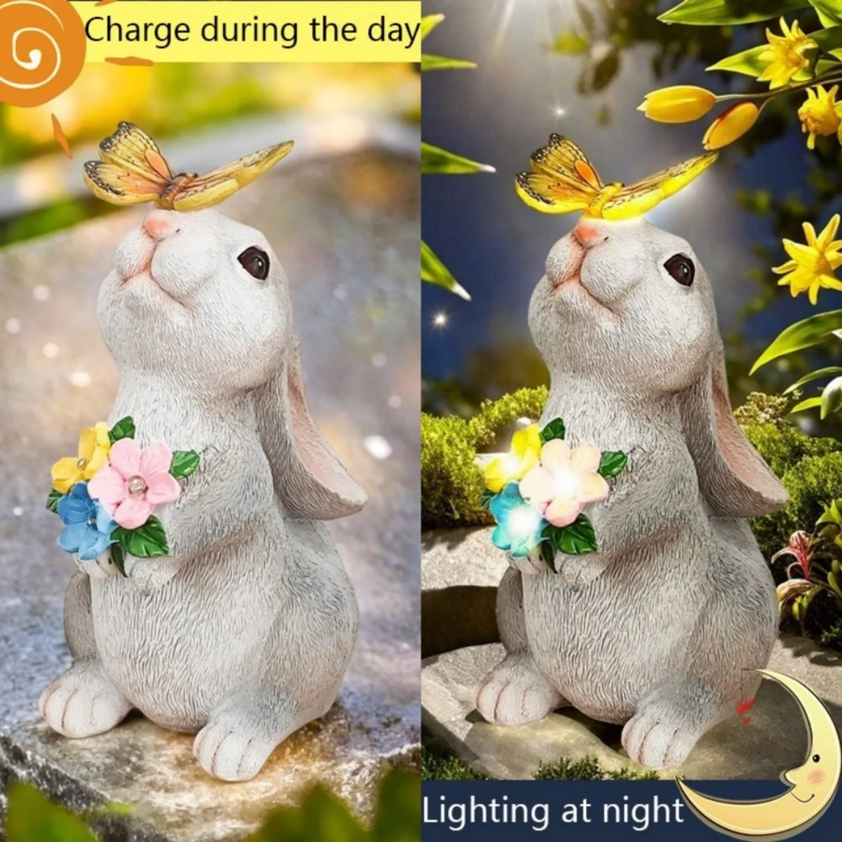 statue lapin bouquet fleurs extérieure éclairage solaire papillon jardin champêtre animal décoration festive