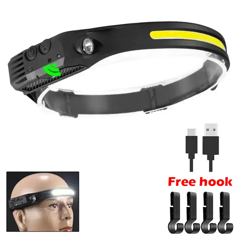 lampe frontale led rechargeable usb capteur ceinture ajustable noir jaune camping pêche extérieur moderne