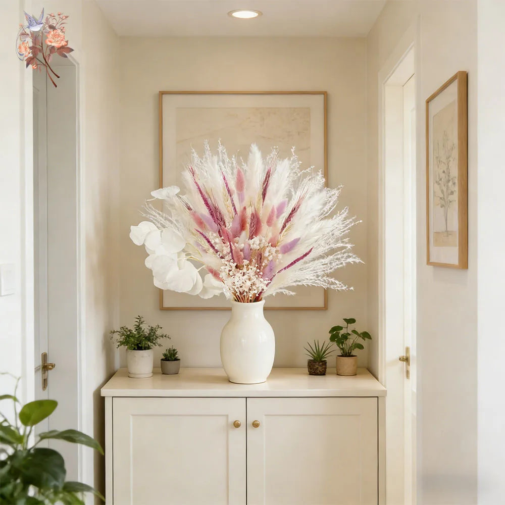 bouquet plumes graminées fleurs séchées blanc rose boho décoration intérieure anniversaire mariage