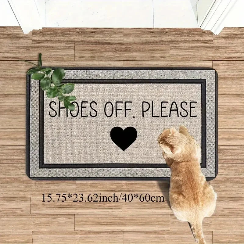tapis sol antidérapant durable lavable moderne shoes off please cœur noir jute imitation déco