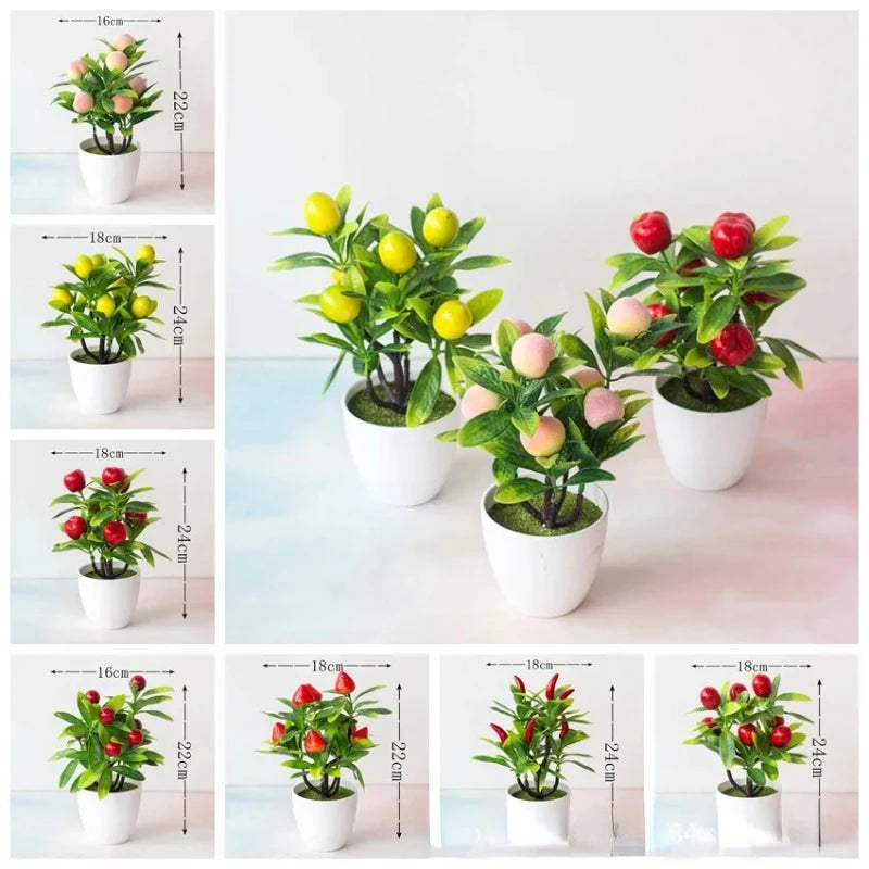 plantes artificielles bonsaï pot blanc fruits oranges rouges feuilles vertes décoration extérieure anniversaire expositionextérieur