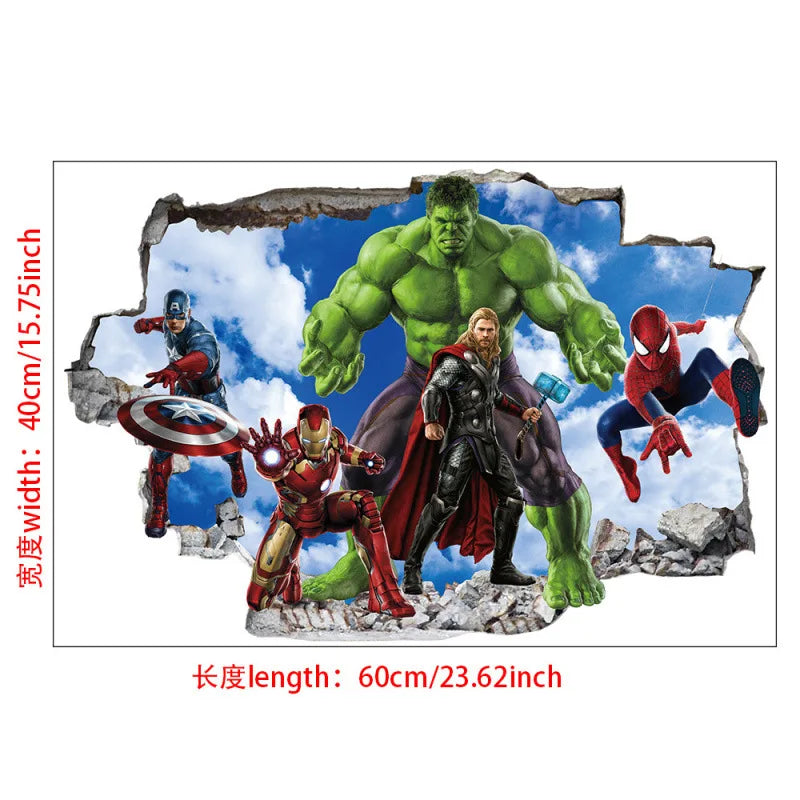 sticker mural 3d super héros hulk iron man captain america thor rouge bleu vert