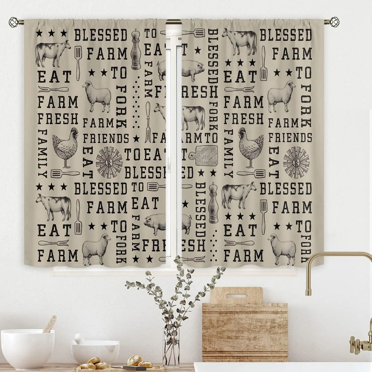 rideaux cuisine ferme motifs coqs fruits bois vieilli occlusion moyenne tringle