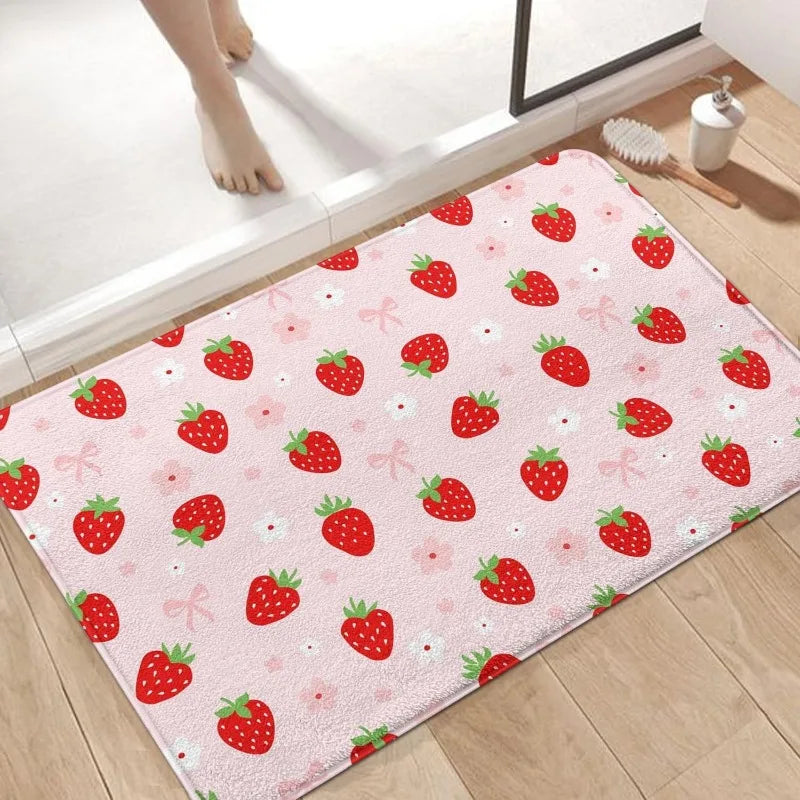 tapis sol moderne fraises cerises rubans coeurs rose antidérapant résistant extérieur salon