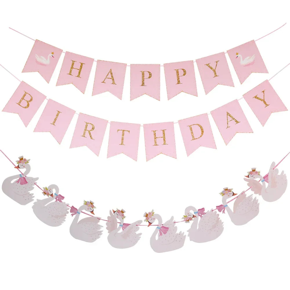 guirlande fanions cygnes blancs princesses lettres dorées fête anniversaire rose clair festive