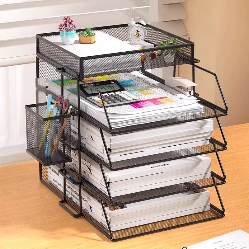 organisateur métal maille noir moderne fichiers A4 livres dessins horloge stylos plantes