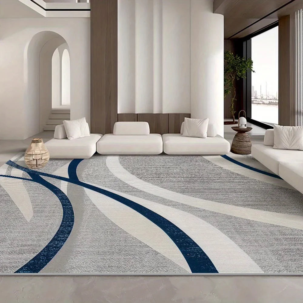 tapis moderne gris bleu marine motif géométrique doux antidérapant salon cuisine intérieur maison décoratif
