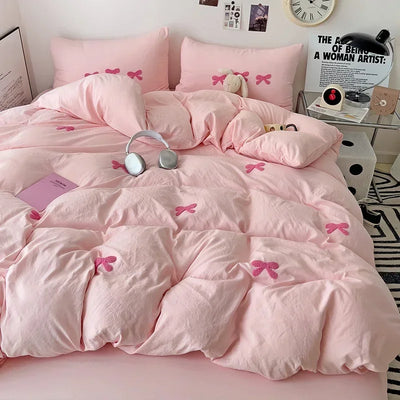 Housse de couette avec nœuds roses brodés 3D sur lit 180x200