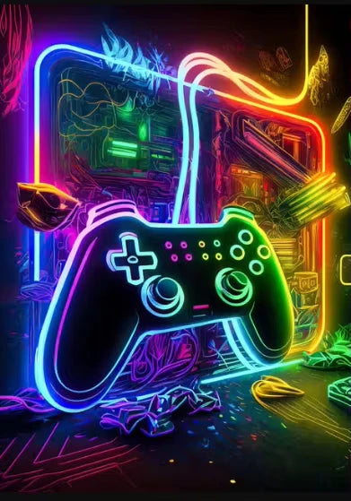 tableau toile manette jeu vidéo néon abstrait décoration chambre gamer moderne mur salon maison