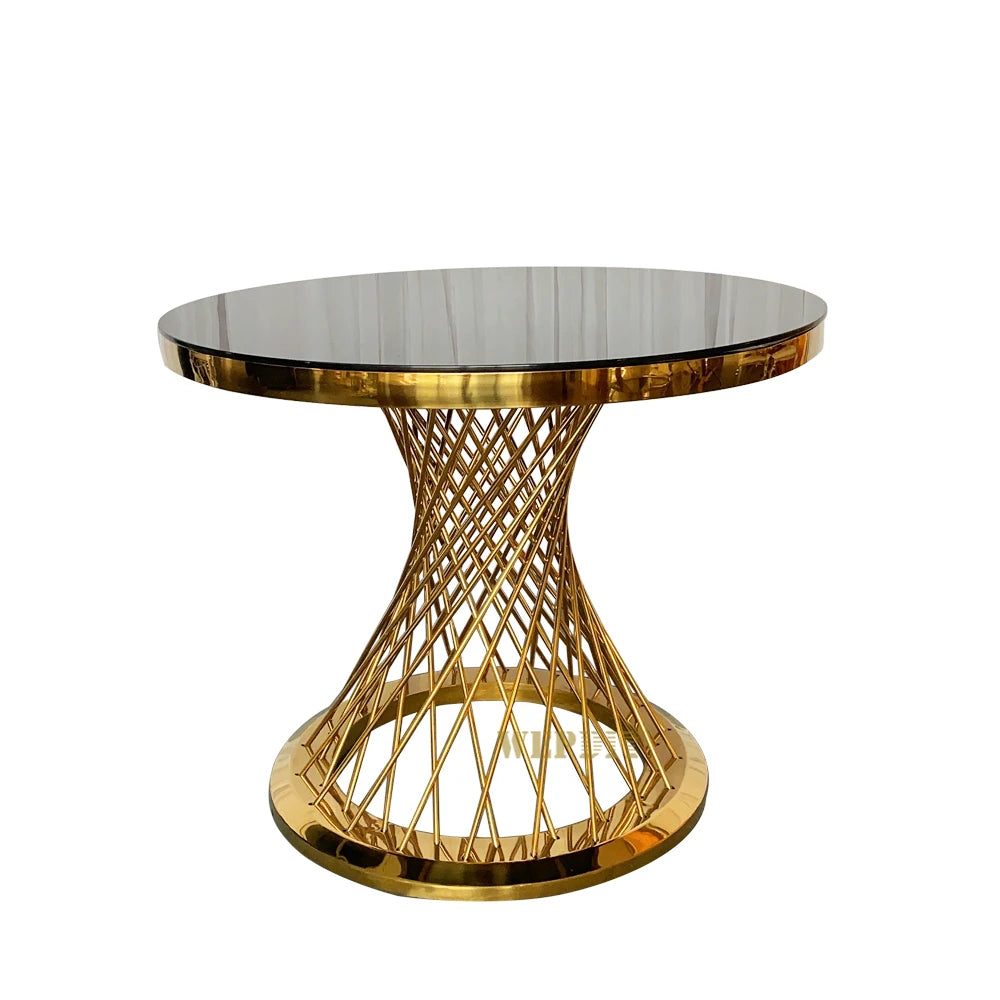 table moderne élégante or blanc verre transparent structure métal doré geometrique haute qualité durable