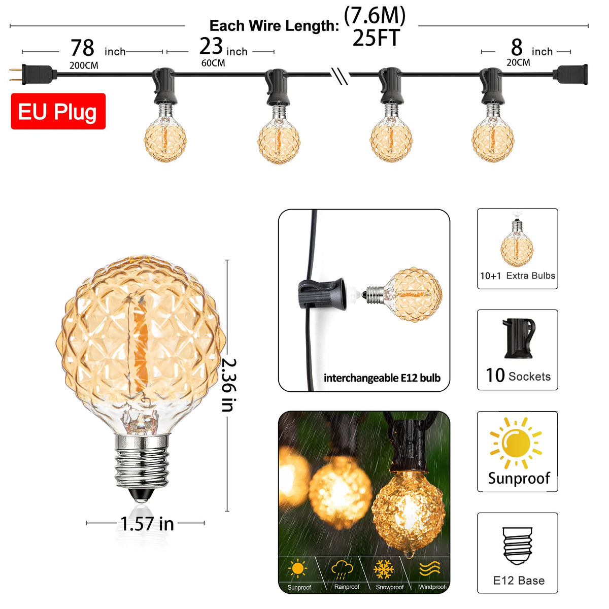 guirlande lumineuse dorée vintage ampoules g40 led clips imperméable connectableextérieur 80lumens