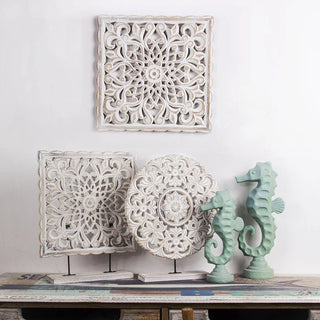 décoration murale bois ajourée motif floral mandala blanc ethnique bohème chic hippocampe vase