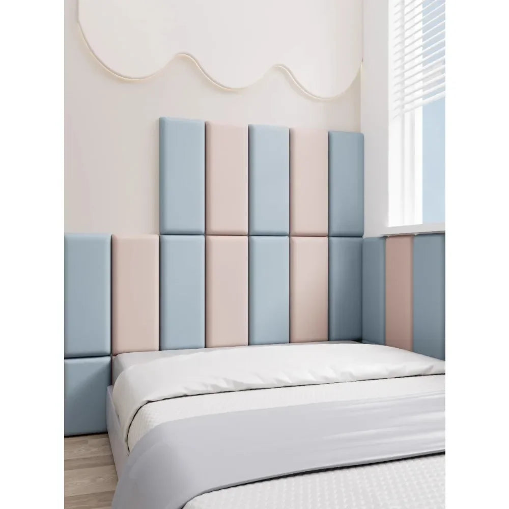 tête lit moderne bleu clair rose pâle gris clair beige rectangles horizontaux matériau texturé