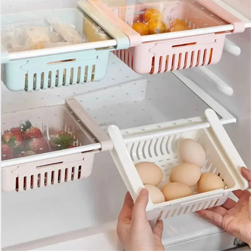 paniers rangement réfrigérateur extensibles blanc rose bleu clips grille perforation moderne pratique