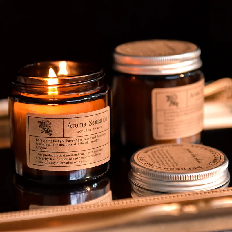 bougies parfumées cire soja marron clair étiquette blanche aromathérapie décoration maison cadeau événementNELLE luxE