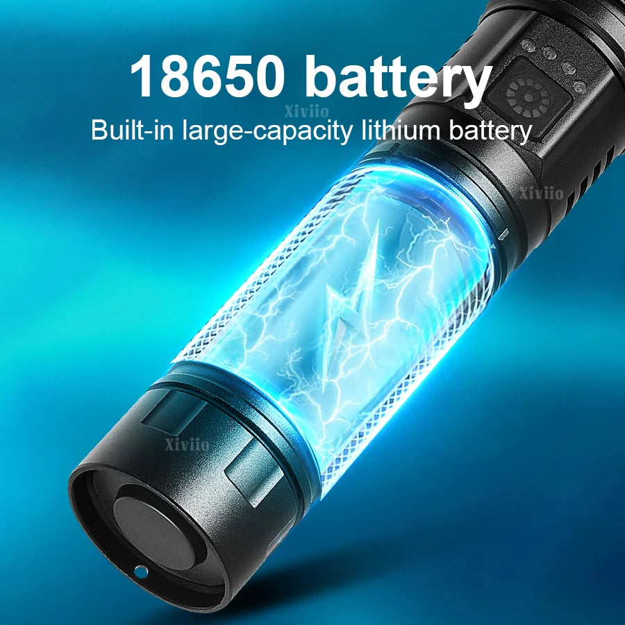 lampe torche led rechargeable 18650 batterie mode stroboscope éclairage bleu tactique robuste