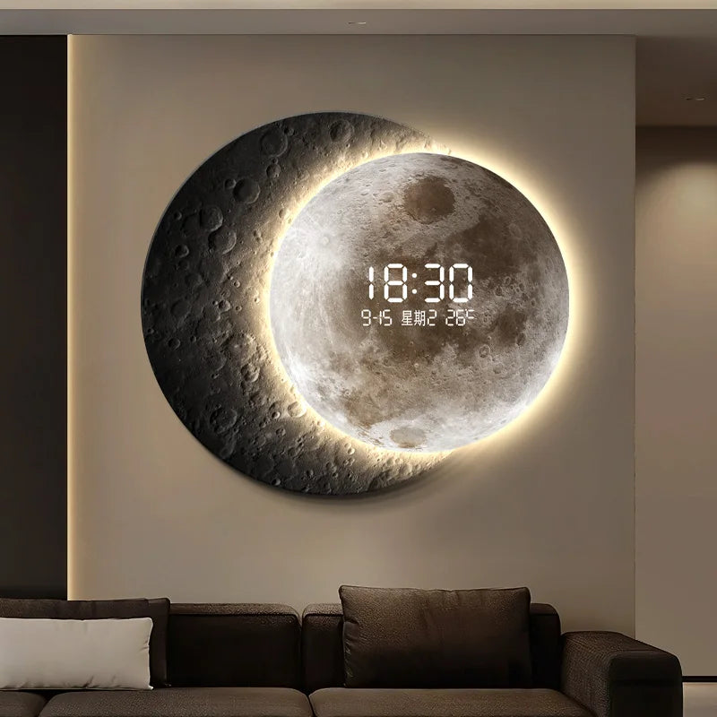 horloge murale moderne lunaire cratères gris blanc doré affichage numérique