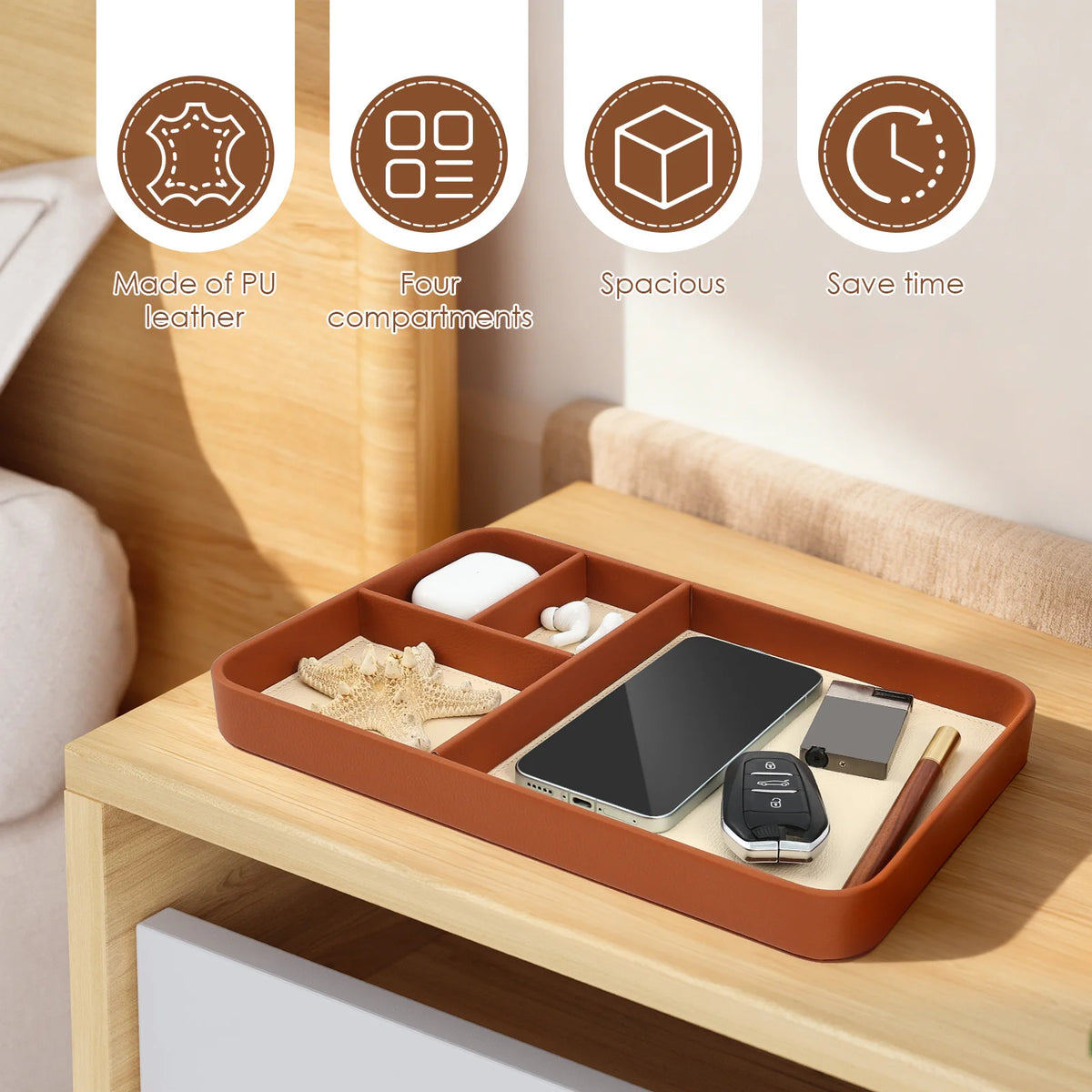 plateau rangement moderne marron simili cuir quatre compartiments smartphone écouteurs clés porte monnaie stylo