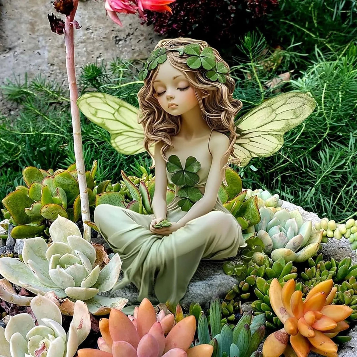 statue fée jardin vert clair trèfle ailes veinées fantaisie natureextérieurintérieurDecorationJardinFéeSculptee