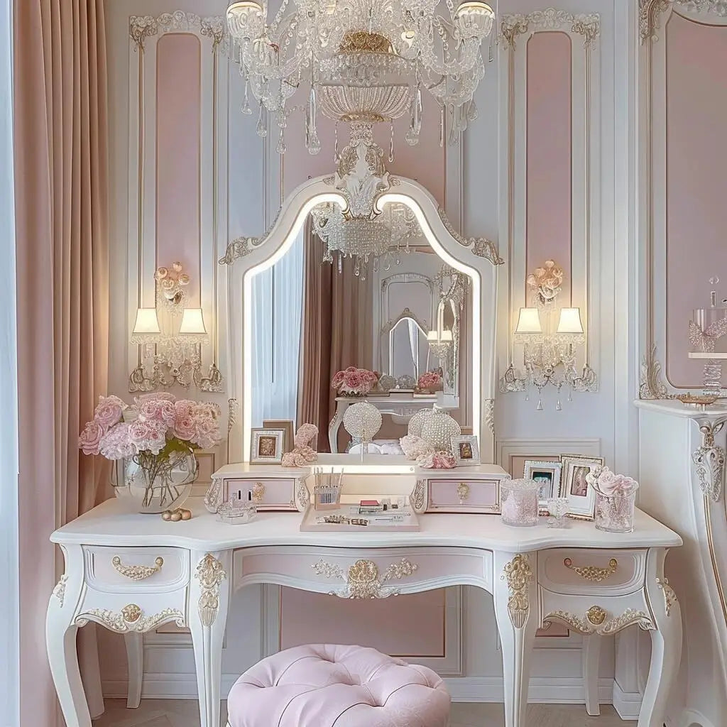 coiffeuse baroque miroir tiroirs éclairés rose poudré blanc crème doré