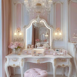 coiffeuse baroque miroir tiroirs éclairés rose poudré blanc crème doré