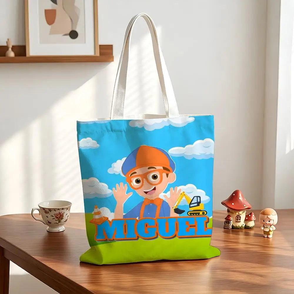 sac main toile cartoon blippi bleu vert orange poignées réutilisable multifonctionalité opacité