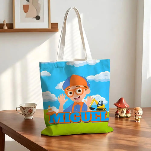 sac main toile cartoon blippi bleu vert orange poignées réutilisable multifonctionalité opacité