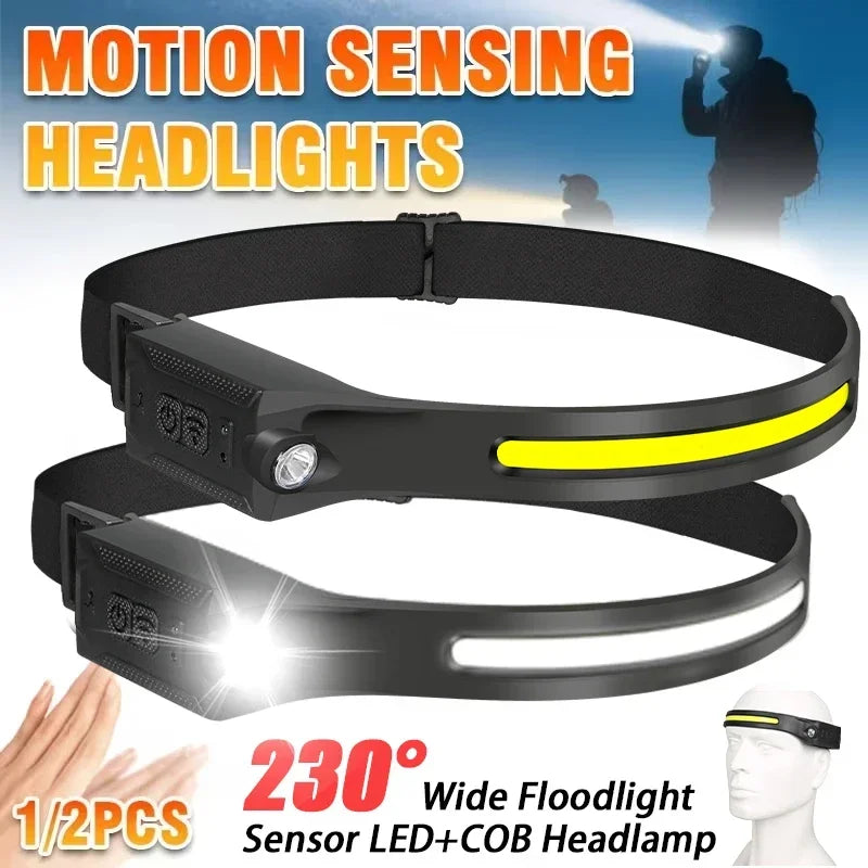 lampe frontale led rechargeable usb fishing camping noir jaune ajustable motion sensor deux boutons
