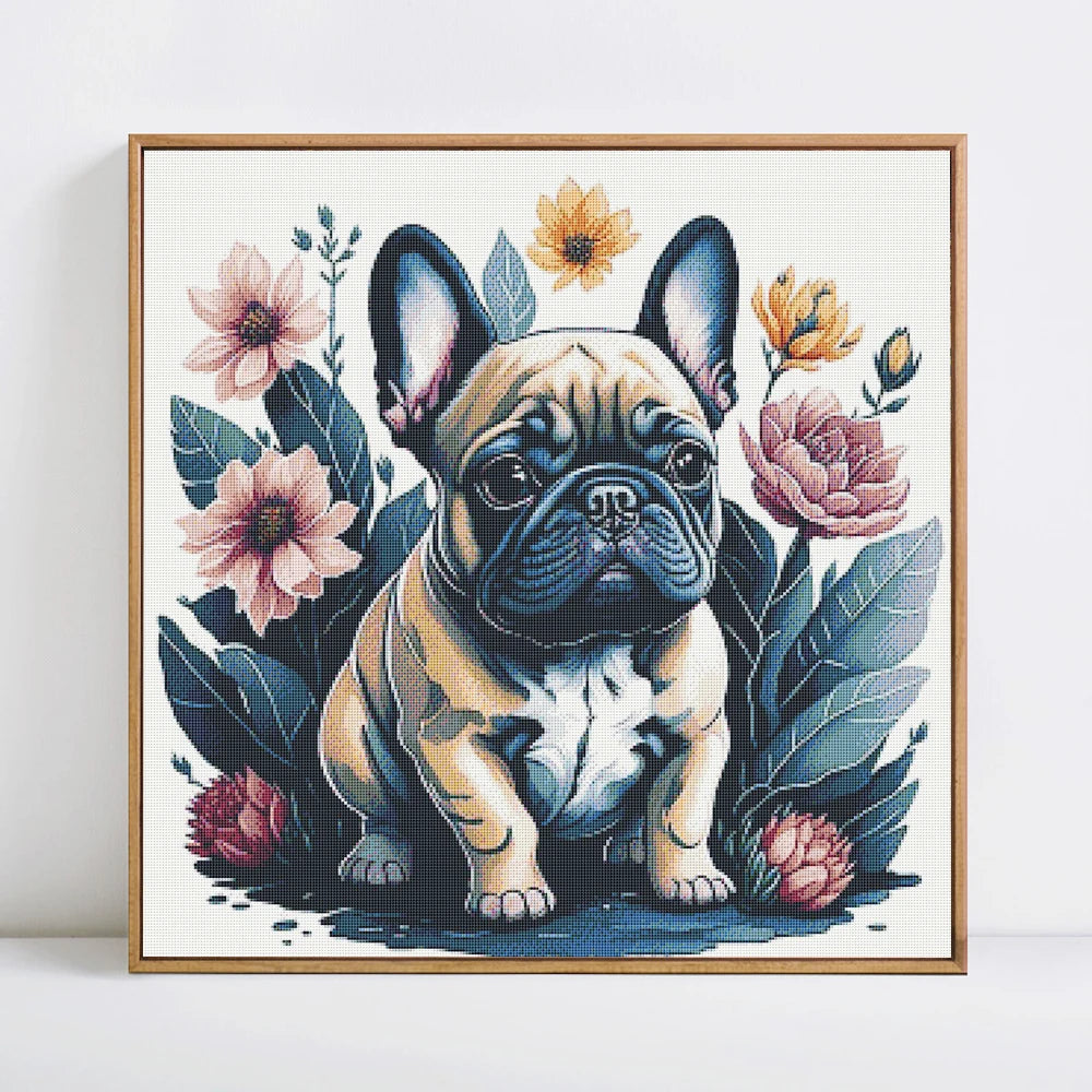 kit broderie chien fleurs multicolore toile imprimée coton instructions outils moderne