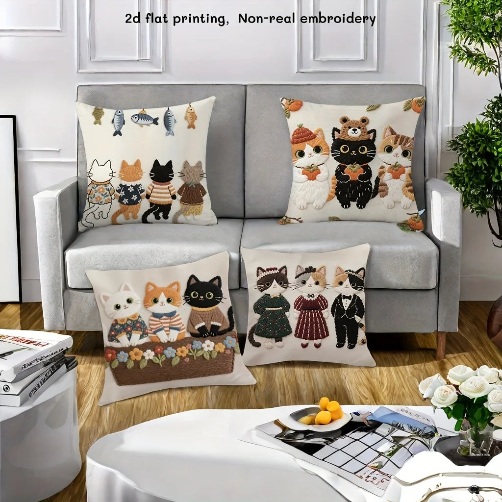 coussins carrés beige chats costumés cartoon housses polyester peacheskin 45x45cm fixations pack pièces