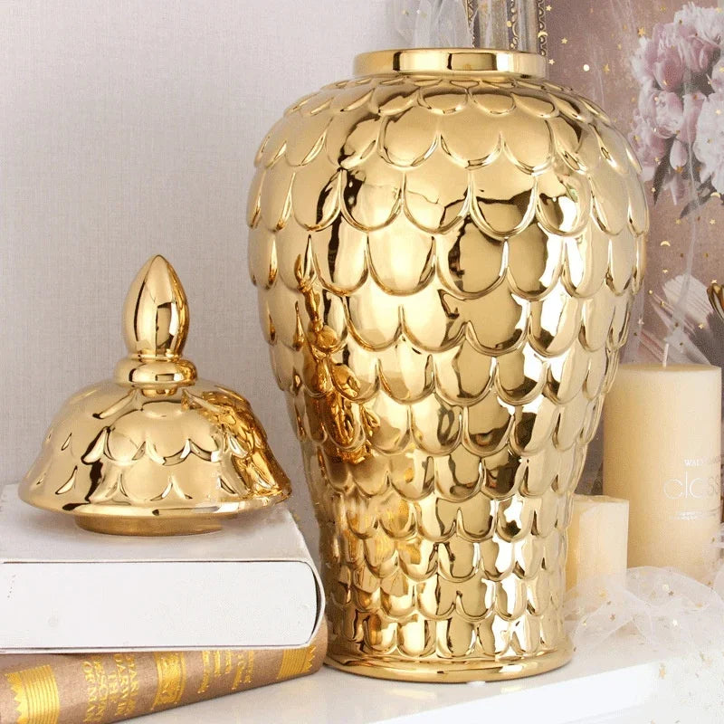 vases décoratifs modernes or blanc argentés motifs ronds couvercles assortis