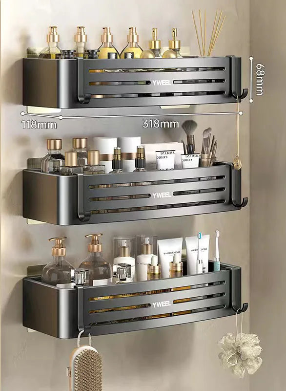 étagère murale moderne trois niveaux gris métallisé adhésif salle bain porte savon porte serviettes