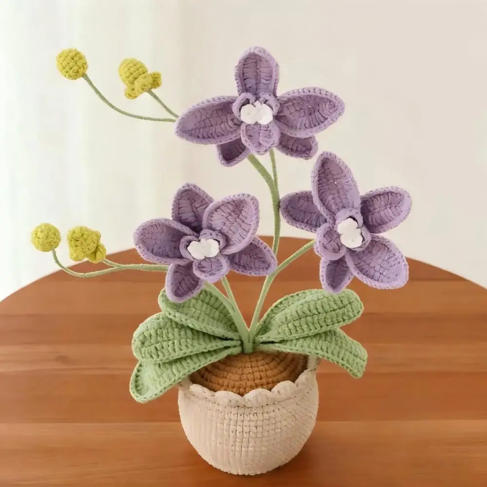 fleur artificielle tricotée orange blanc jaune bleu violet décoration maison artisanale tricotée
