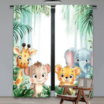 rideau animaux jungle girafe éléphant singe lion vert bleu beige orange gris illustration moderne