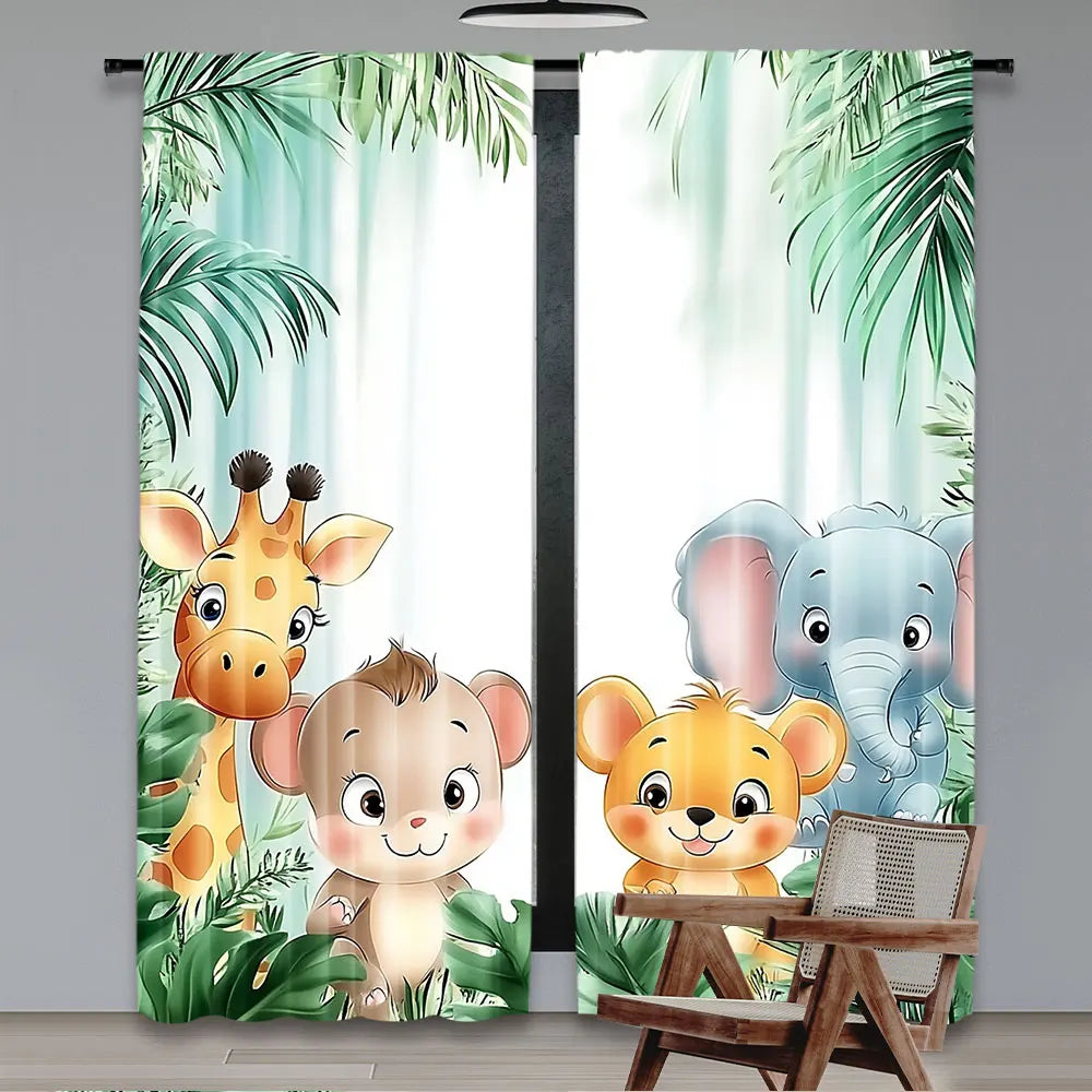 rideau animaux jungle girafe éléphant singe lion vert bleu beige orange gris illustration moderne