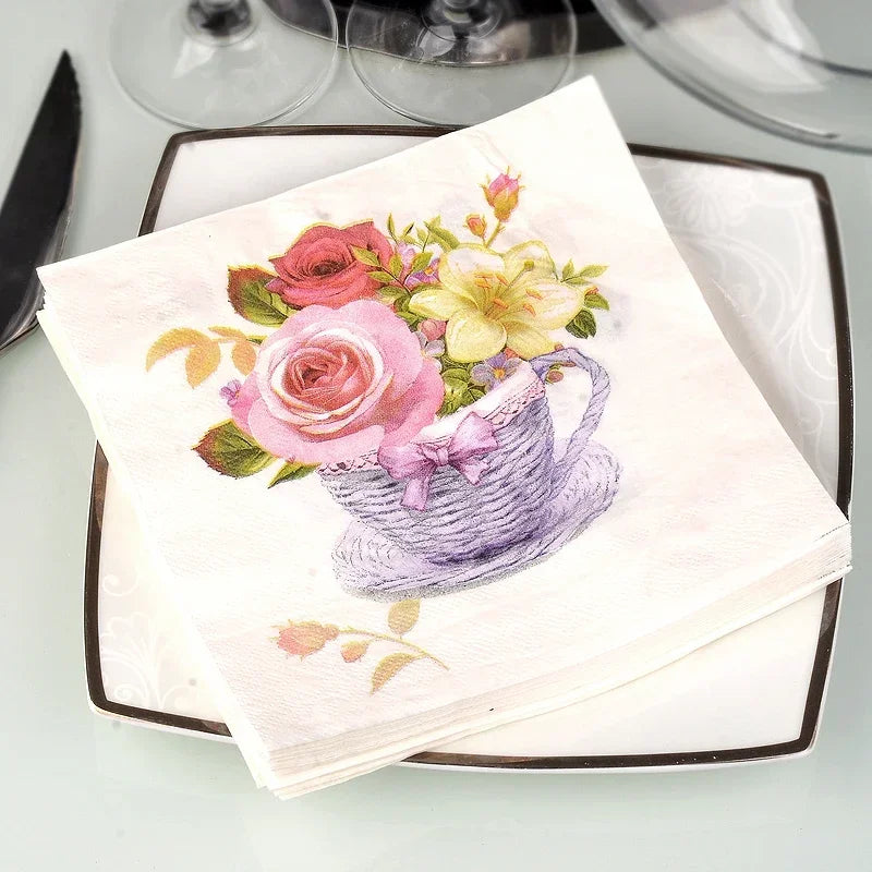 serviettes papier bouquet fleurs tasse vintage blanc rose violet jaune vert mariage festive