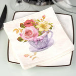 serviettes papier bouquet fleurs tasse vintage blanc rose violet jaune vert mariage festive