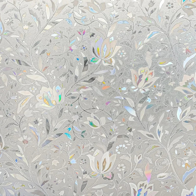 film décoratif adhésif fenêtre effet irisé fleurs stylisées moderne gris clair vert bleu blanc