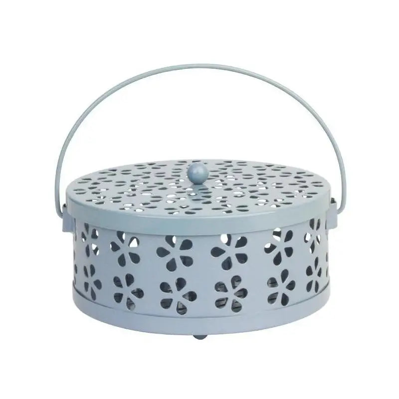 boîte bobines moustiques boîte aromathérapie bleu clair rose pâle moderne perforations floraux poignée métallique