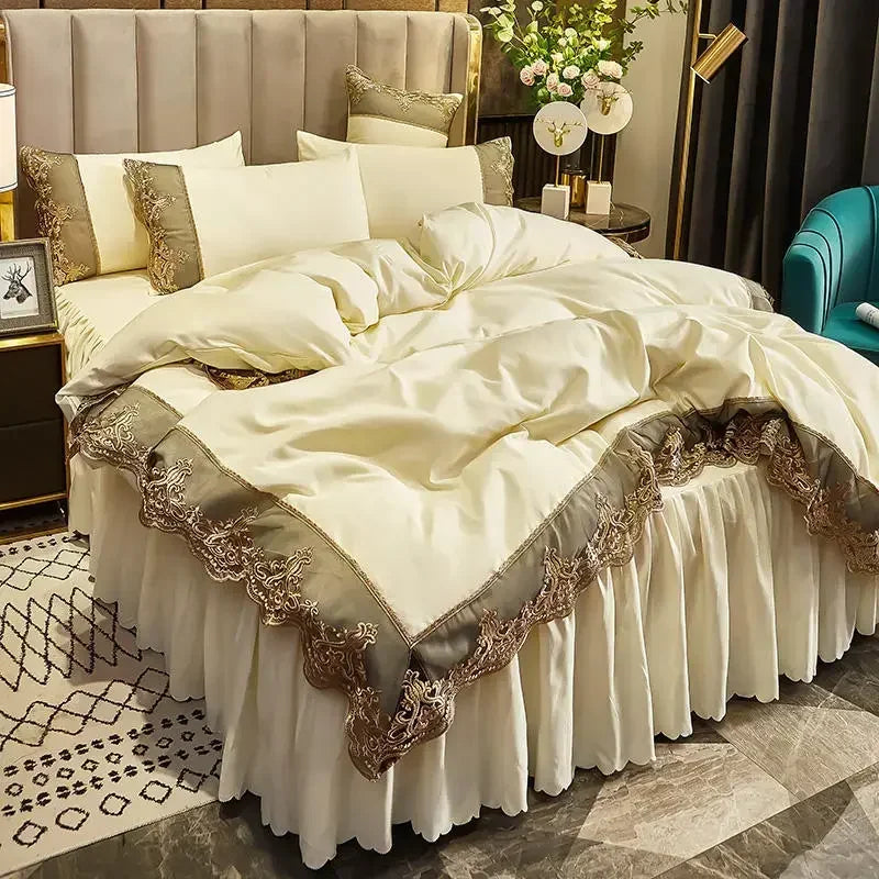ensemble literie complet couvre lit bleu marine broderie dorée drap taies oreiller classique