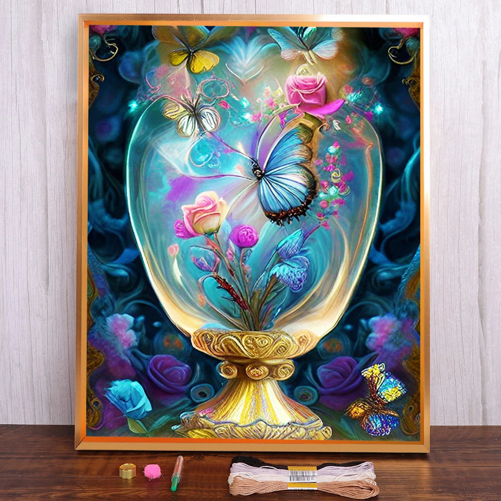 kit broderie point croix motifs floraux peinture artisanale toile coton multicolore moderne éléments cadre